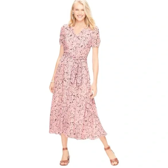Talbots 8 New Button Front Floral Midi Dress Pink Cottage Core Prairie Spring - Picture 1 of 13